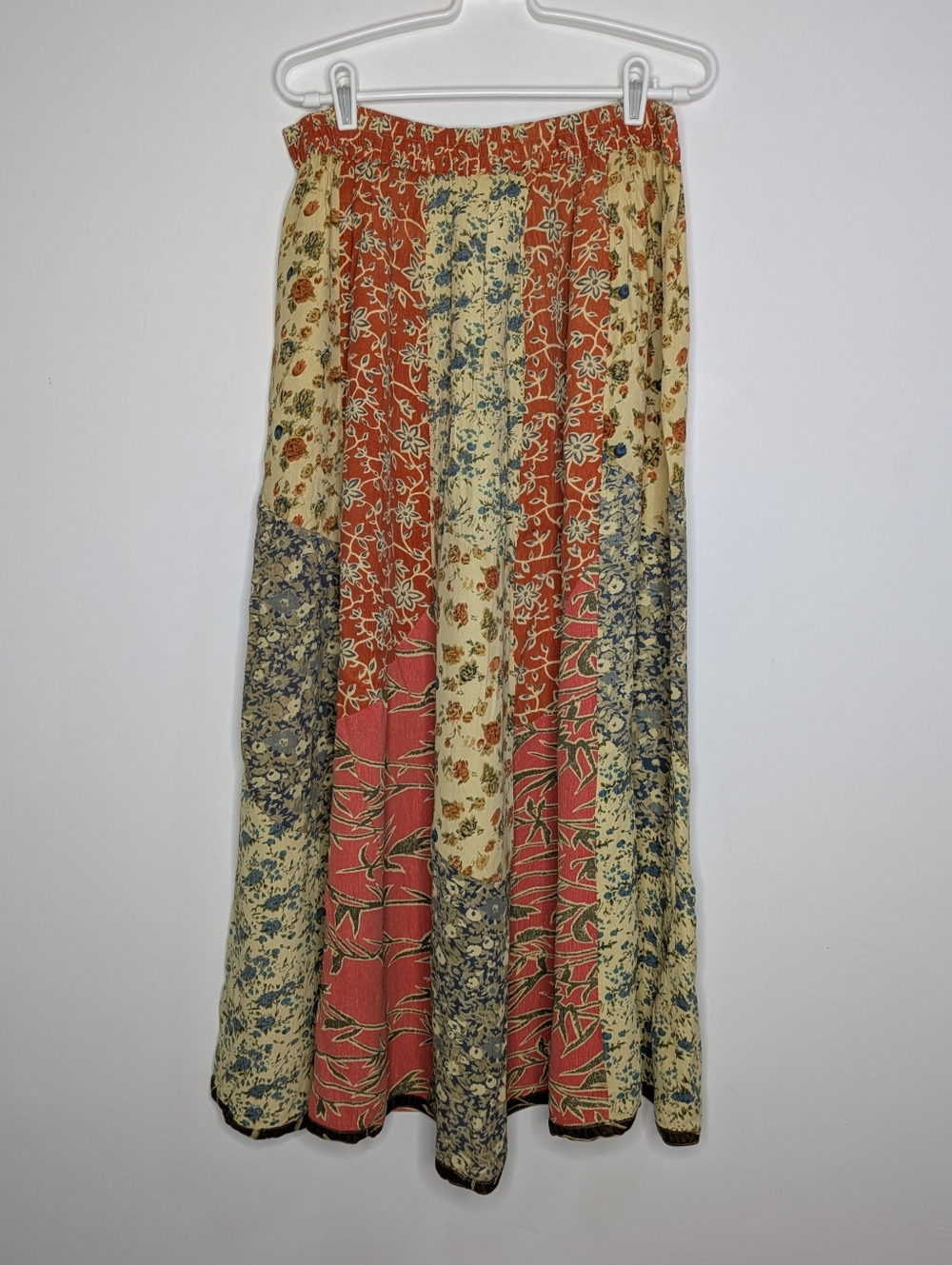 Vintage Patchwork Floral Midi Skirt in Rust, Cream & Blue